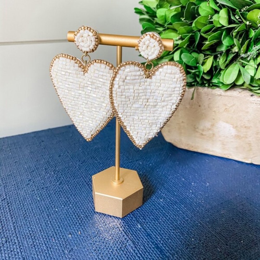 NEW Large White Seed Beaded Sparkle Heart Earrings